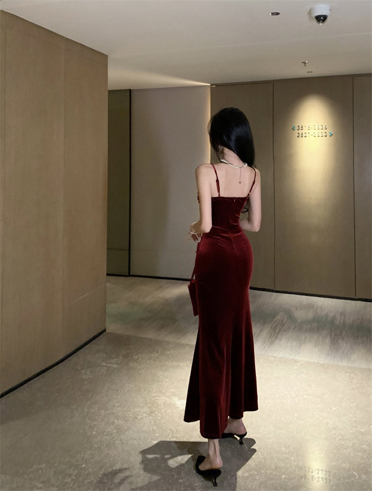 French suspender dress autumn wine red slim waist velvet hip fishtail Christmas dress R1439