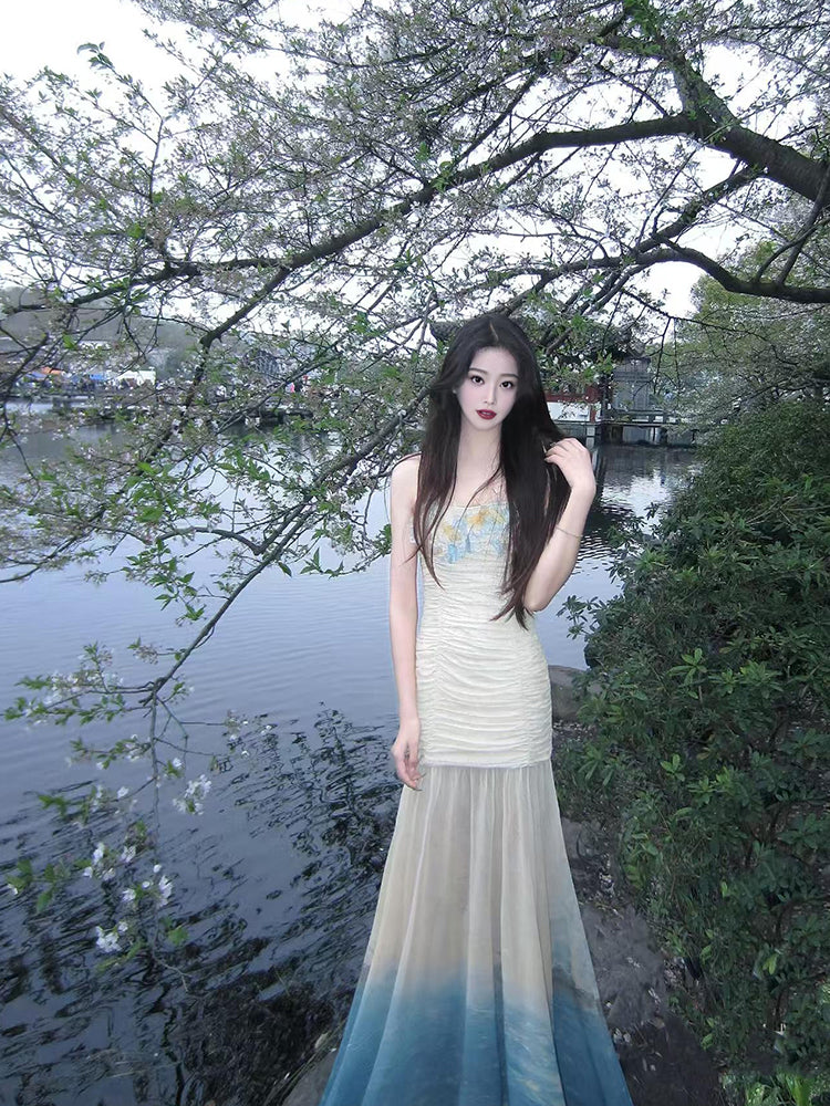 French style mesh suspender dress for holiday, niche design, slim fit, elegant long dress R1803