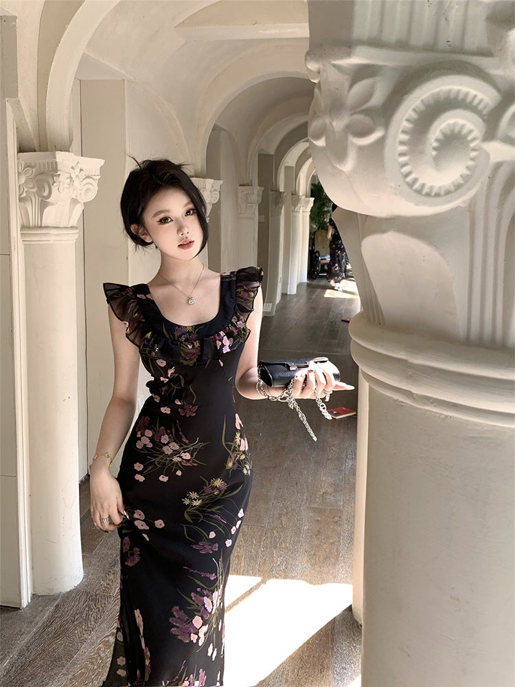 Holiday design small flying sleeves black floral dress slim fit temperament hip long skirt R1785