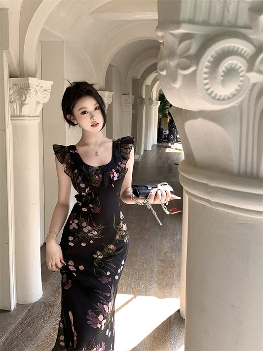 Holiday design small flying sleeves black floral dress slim fit temperament hip long skirt R1785
