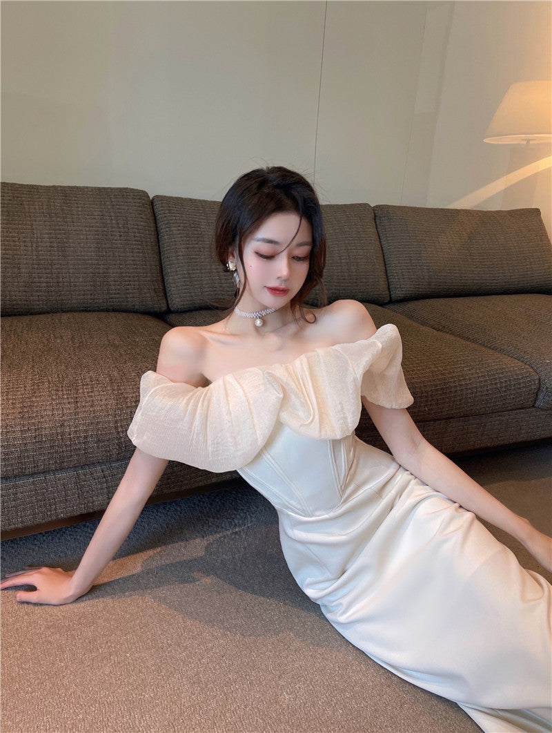 French style one shoulder dress slit gentle style banquet bridesmaid dress long skirt R1429