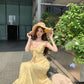 Yellow v-neck floral dress with ruffles, beautiful and unique waist-hugging hip skirt R0500