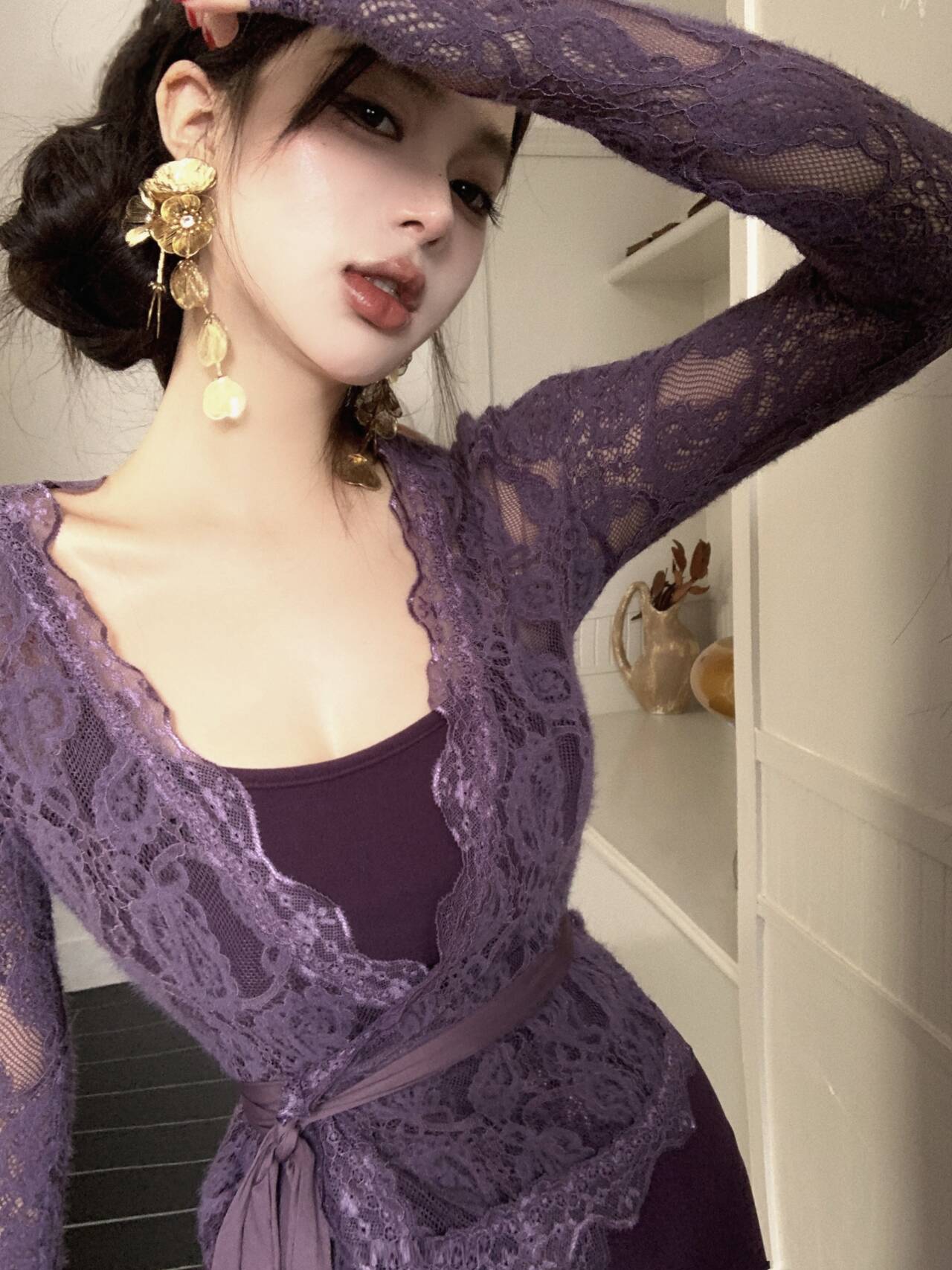 Purple lace cardigan slim fit hip fishtail sling dress two piece suit royal sister skirt R0505