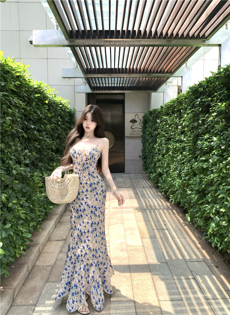 Tea break floral suspender dress gentle temperament waist slim fit A-line skirt R0499