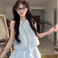 Blue halter dress gentle temperament waist a-line short skirt summer skirt R0836