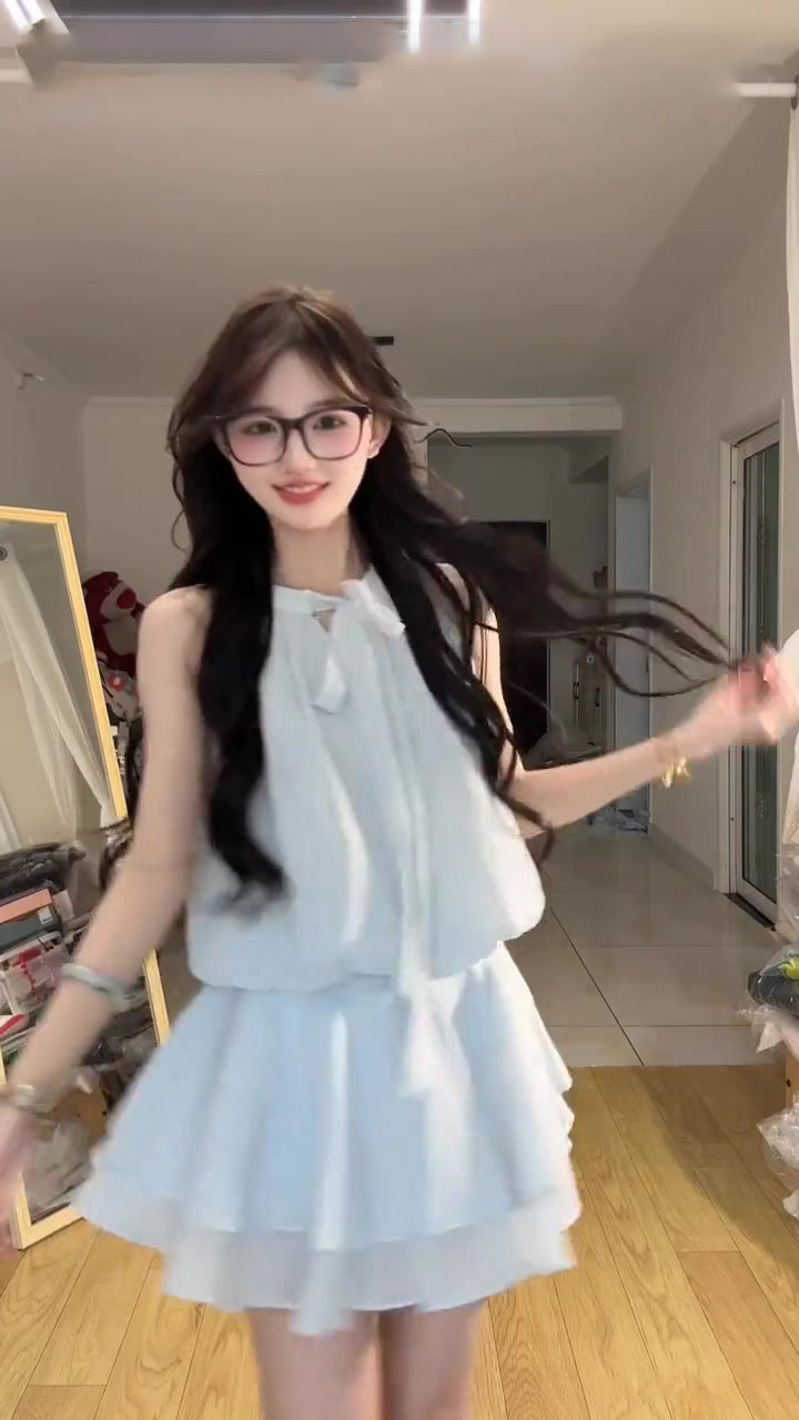 Blue halter dress gentle temperament waist a-line short skirt summer skirt R0836