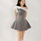 Gray polka dot off-shoulder niche dress with bow tie and waist-hugging puffy miniskirt R5127