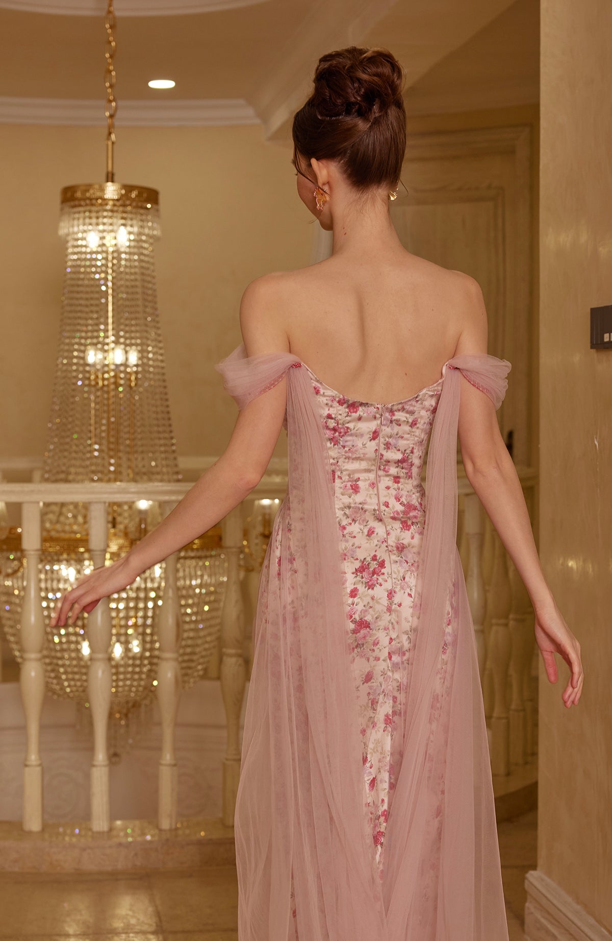 French fairy dress mesh satin printed fishbone dress evening gown dress homecoming dress R5117