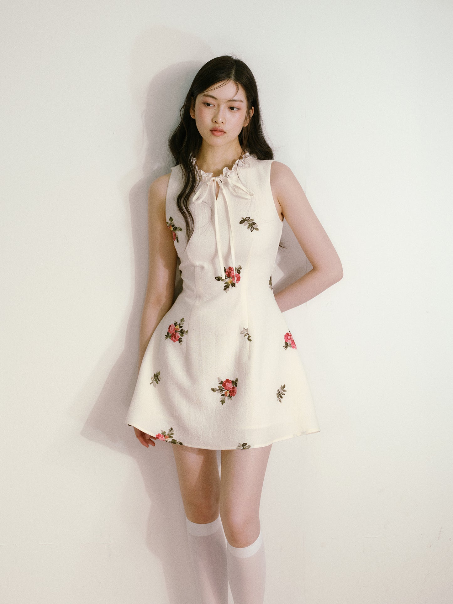 Beige 3D Flower Embroidered Sleeveless Dress with Lace-up Ruffles and Slim Waist Vest Dress R5135