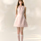 Pink satin glossy halter neck dress with bow waist A-line sleeveless short skirt R5130