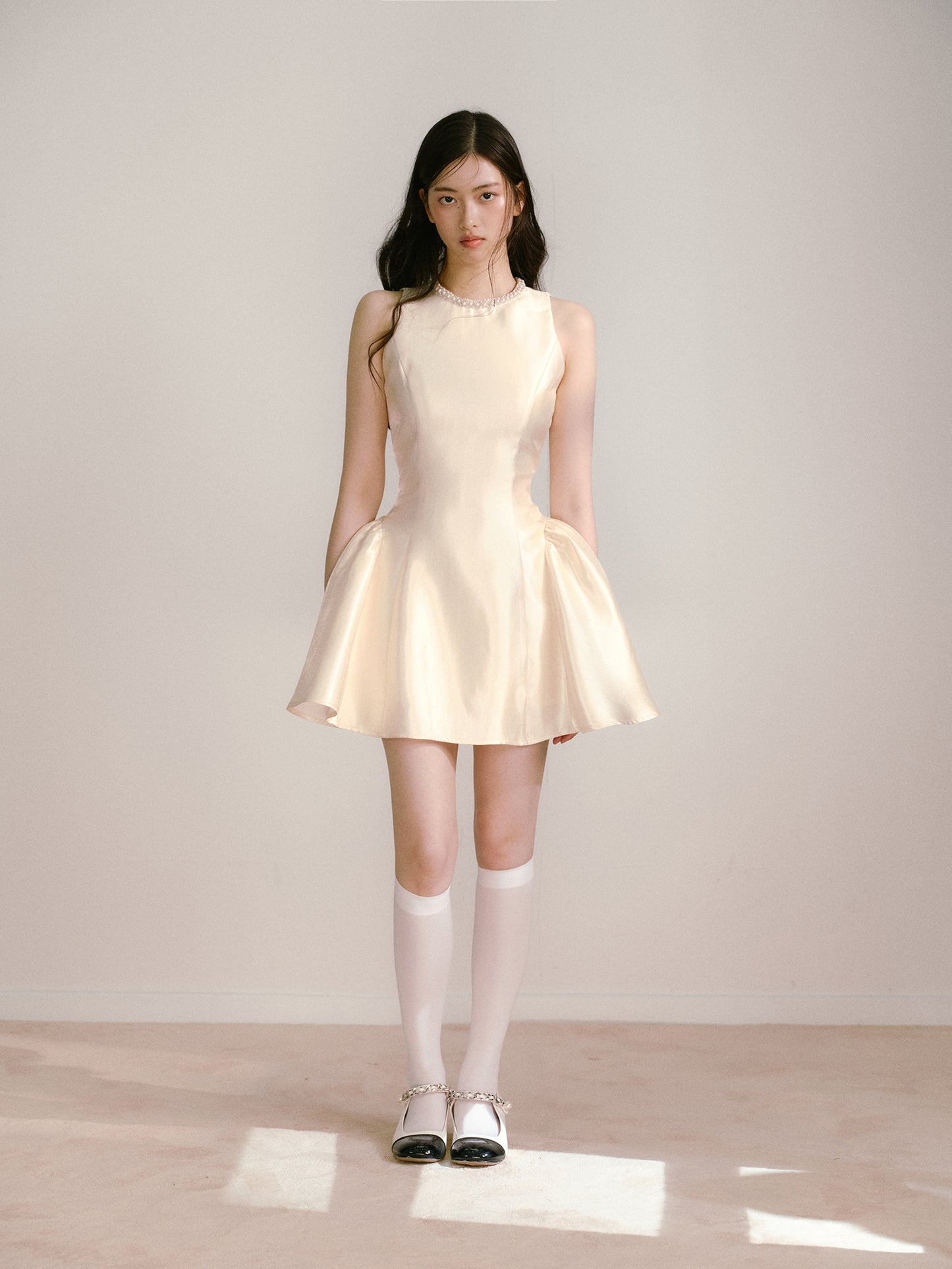 Beige glossy satin 3D handmade pearl princess skirt puffy dress R5133