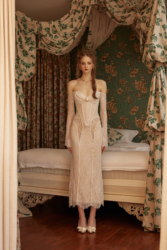 Design heavy retro French lace pearl palace fishbone dress homecoming dress R5125