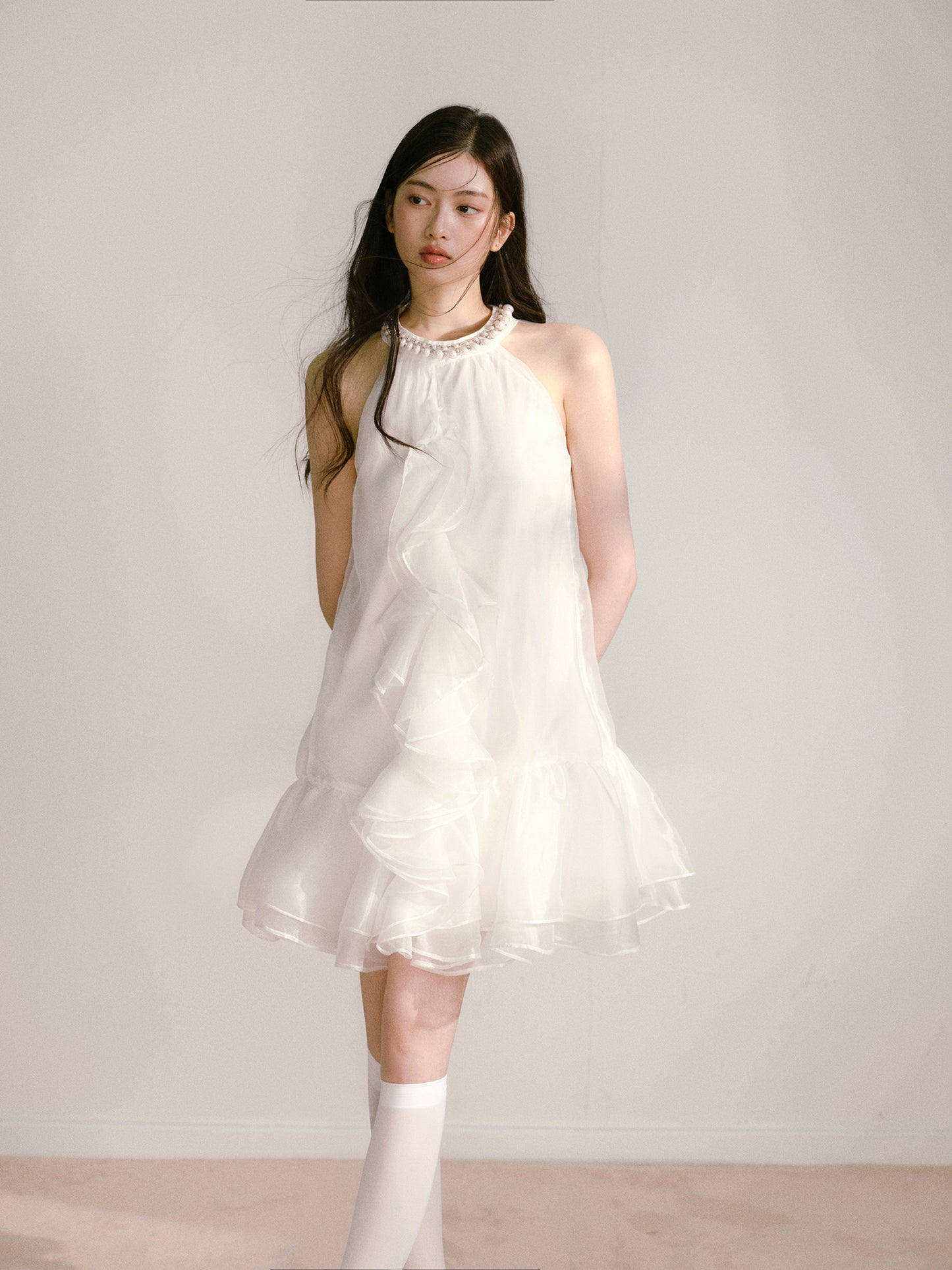 Moonlight White Layered Organza Tie-Up Bow Pearl Neck Tutu Dress R5126