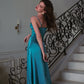 French retro textured satin slim long blue suspender dress holiday dress homecoming dress R5123
