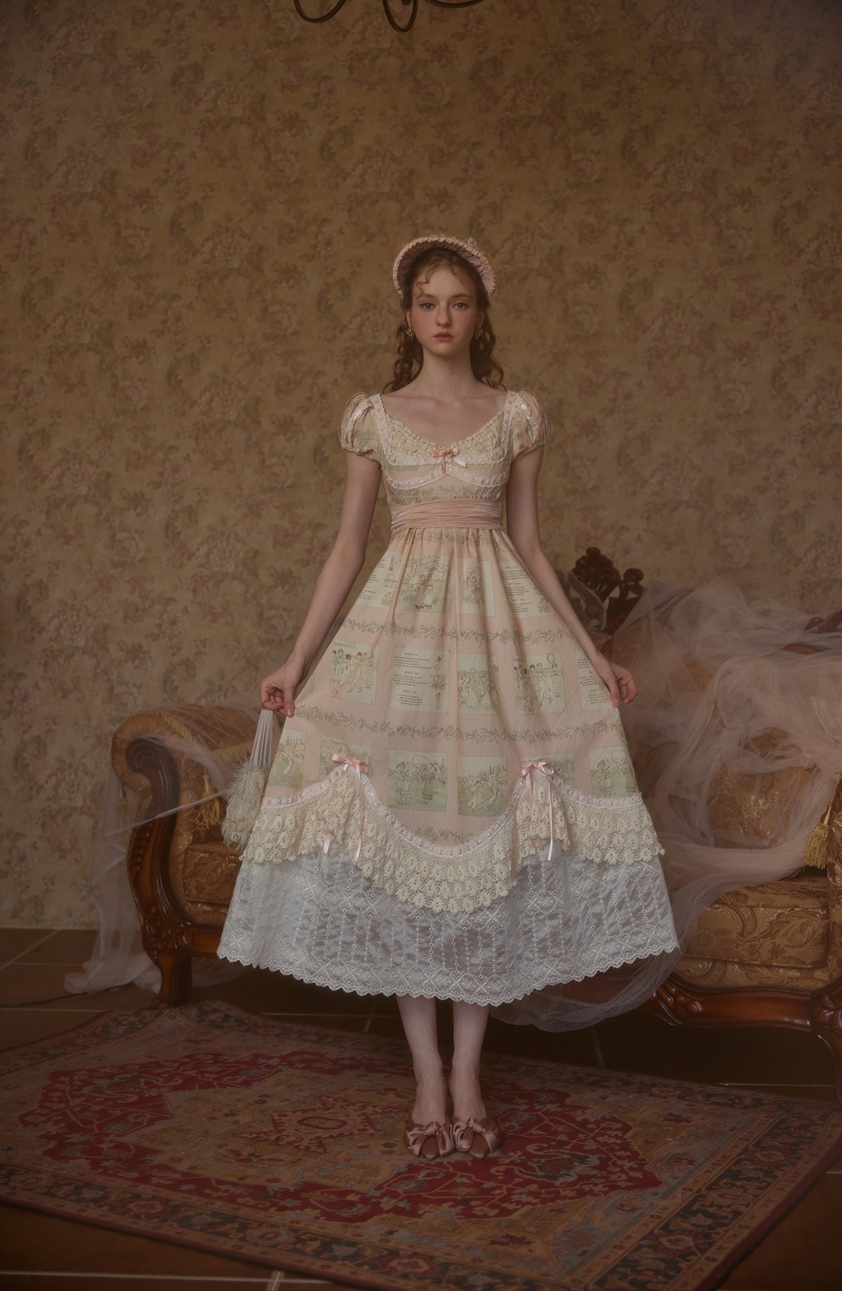 French court style empire dress printed lace dress cotton homecoming dress R5116