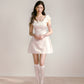 Pink satin with white ruffled edge contrasting one-shoulder waist dress R5132