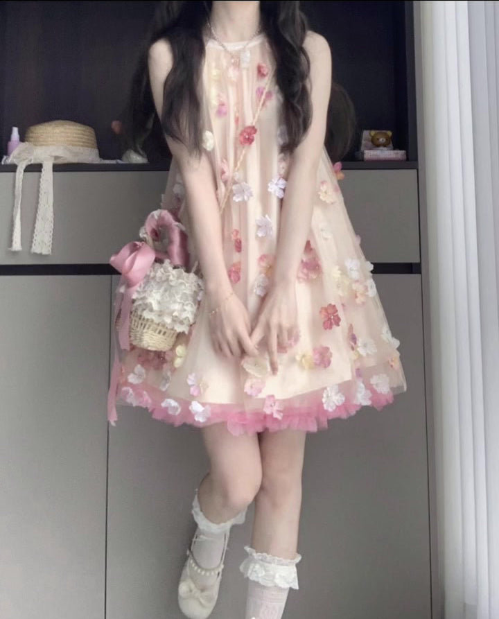 Gentle and sweet style flower off-shoulder halter dress beautiful loose A-line skirt R0798