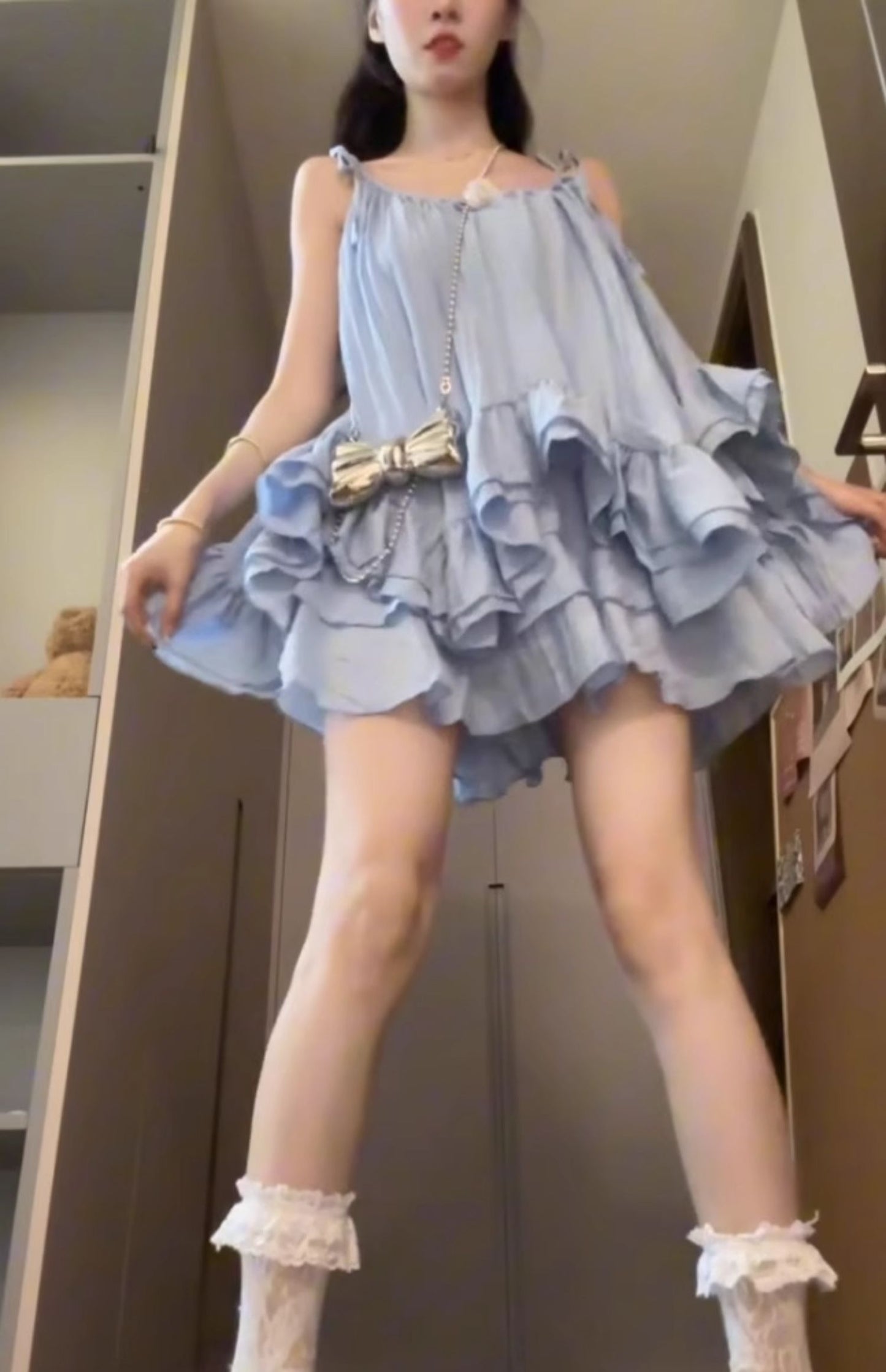 Suit blue suspender dress short skirt skirt summer outfit matching a complete set R0795