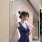 Retro blue v-neck floral halter dress beautiful waist a-line long skirt R0794