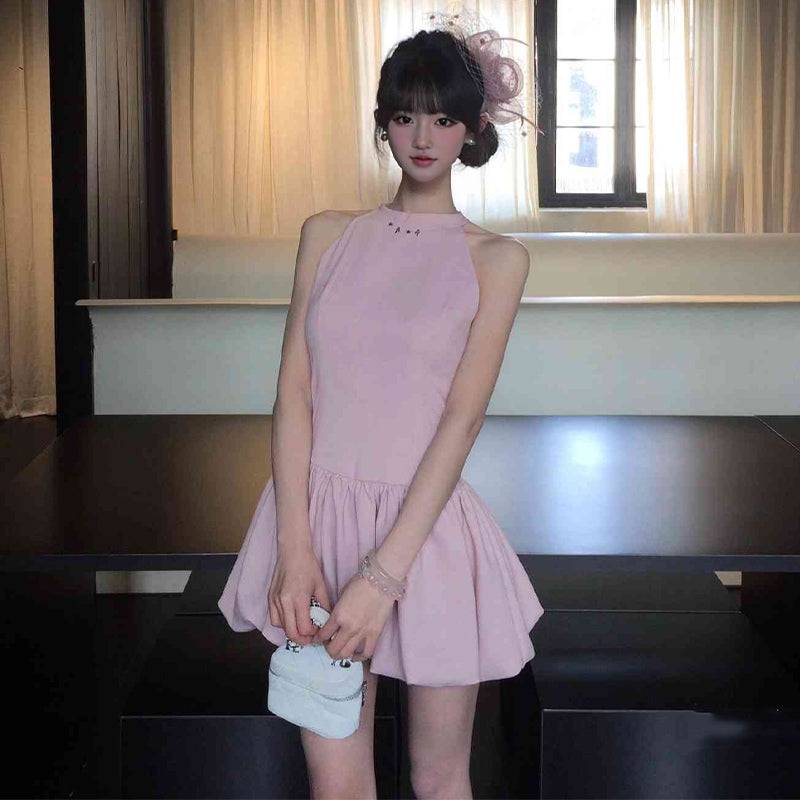 Pink sleeveless vest dress gentle temperament waist fluffy flower bud skirt R0799