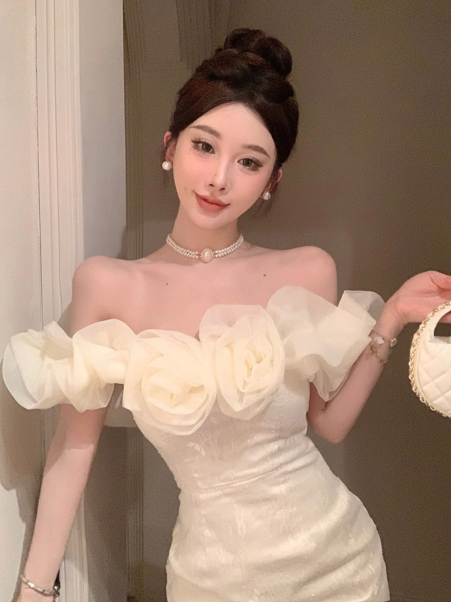 Temperament flower one-shoulder dress niche design banquet small dress R0797