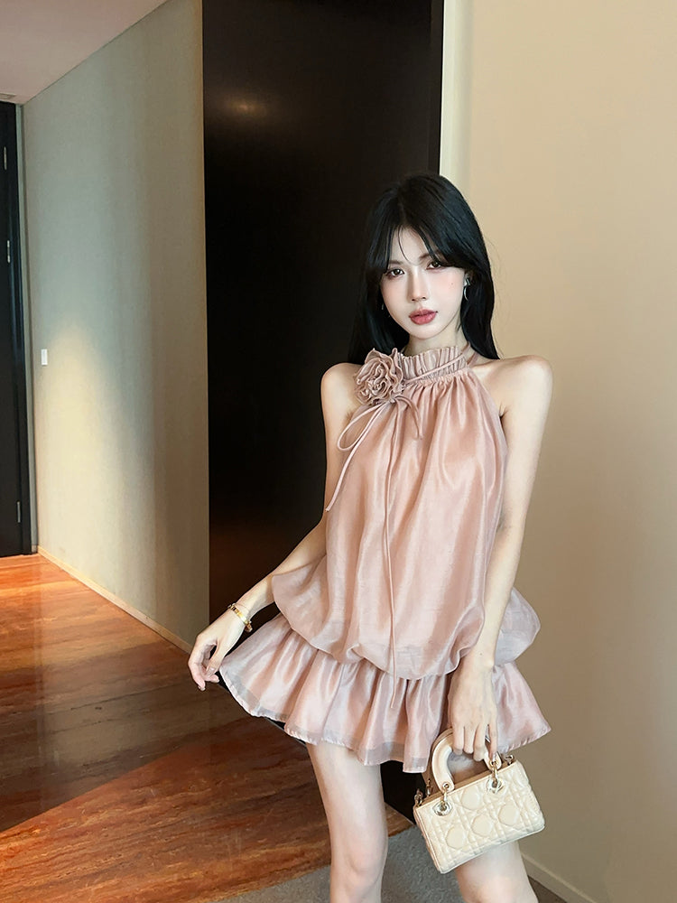 Gentle style, chic and beautiful flower halter neck short skirt, temperament petite dress R0796