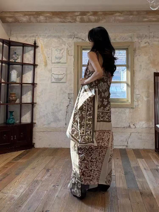 Travel wear seaside vacation retro print halter dress bohemian loose beach dress R1609