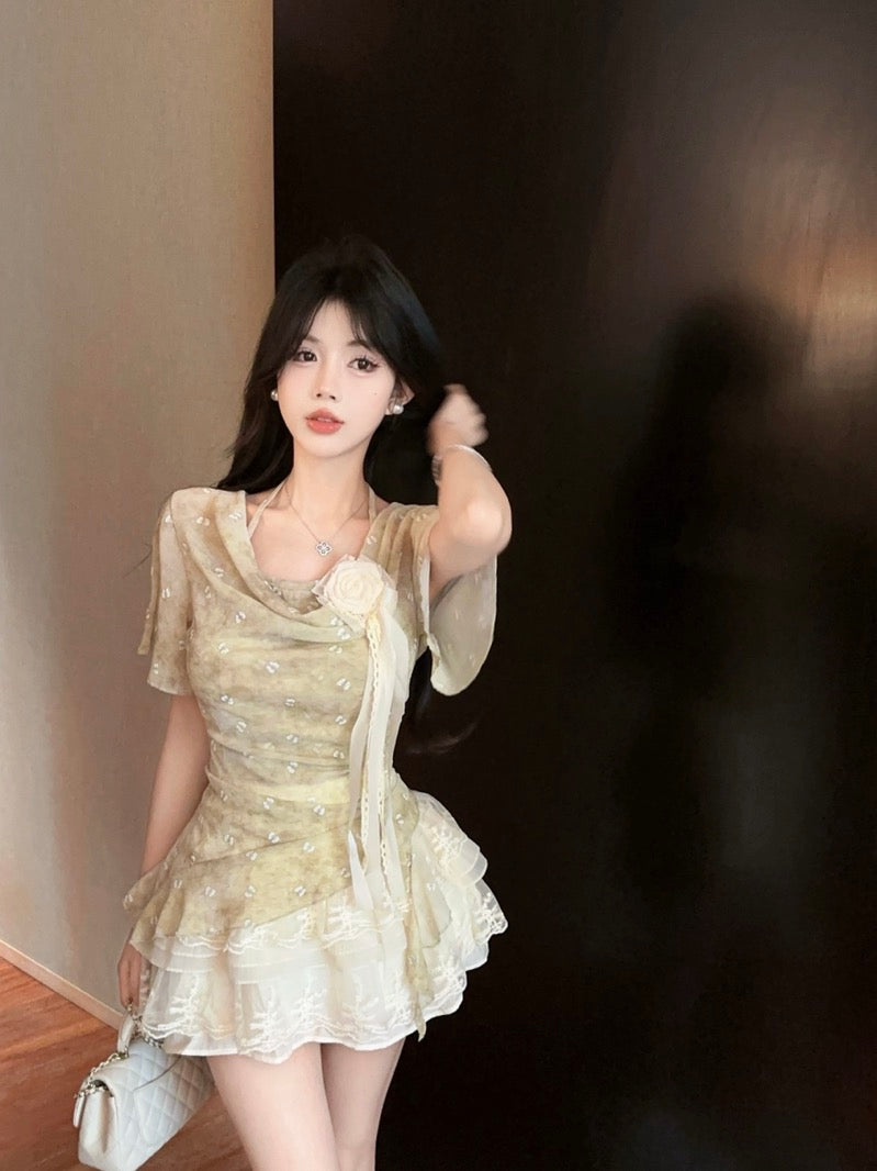 French lace three-dimensional flower collar chiffon shirt summer new sweet halter neck R3390