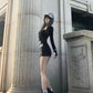 Printed long-sleeved black dress 2025 new slim hip skirt short style R0551