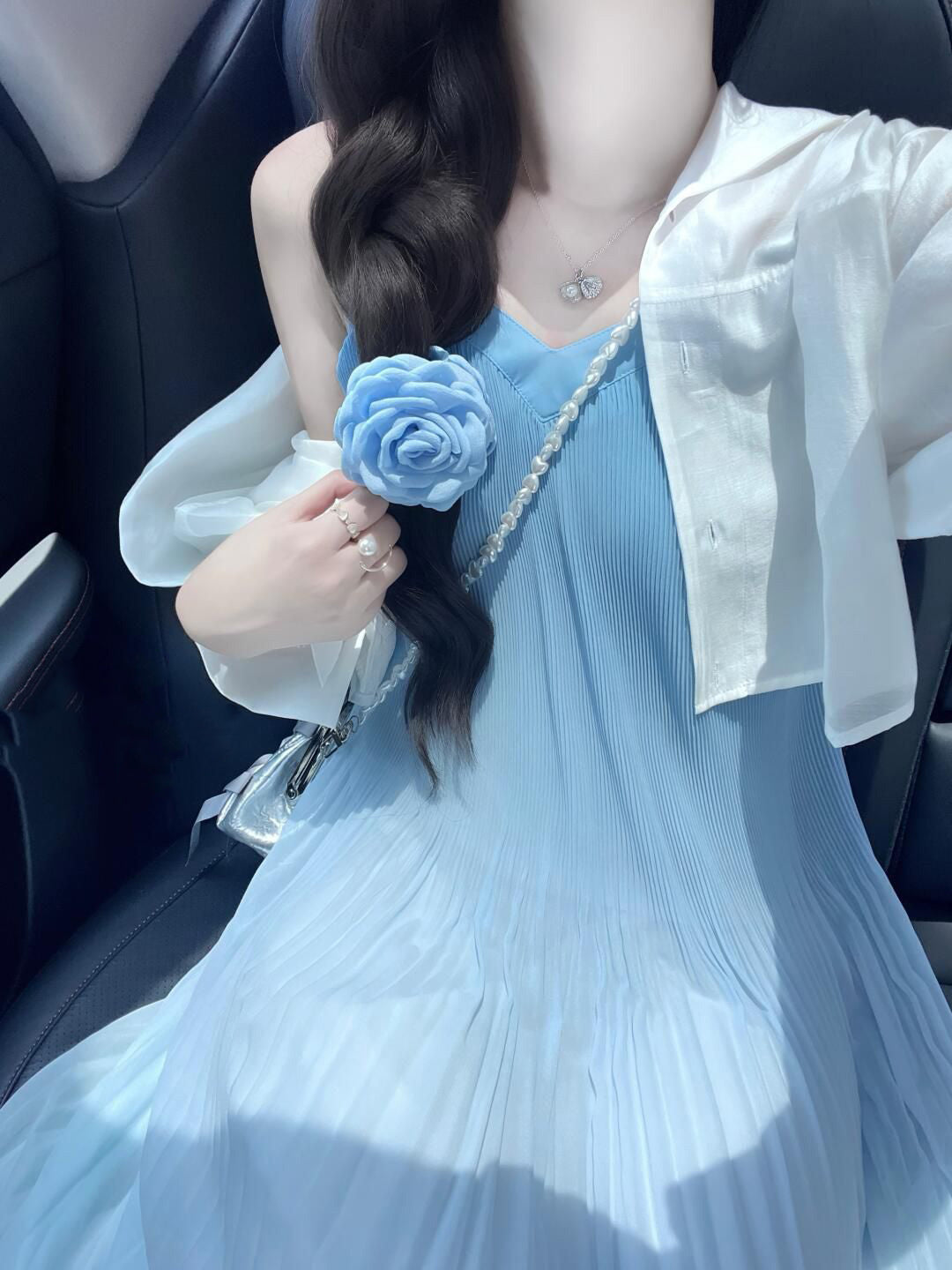Blue suspender dress new style French temperament A-line skirt R0558