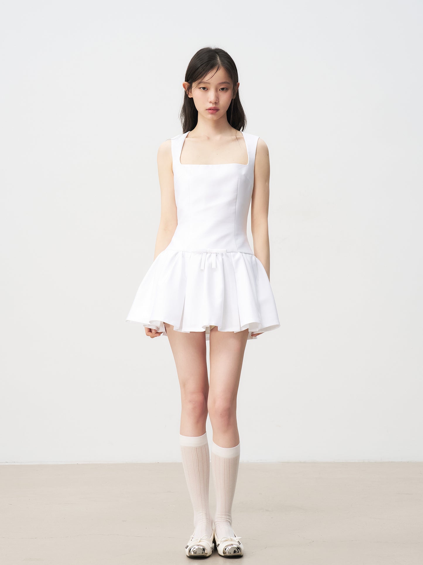 White satin retro princess dress bow waist A-line puffy skirt R5205