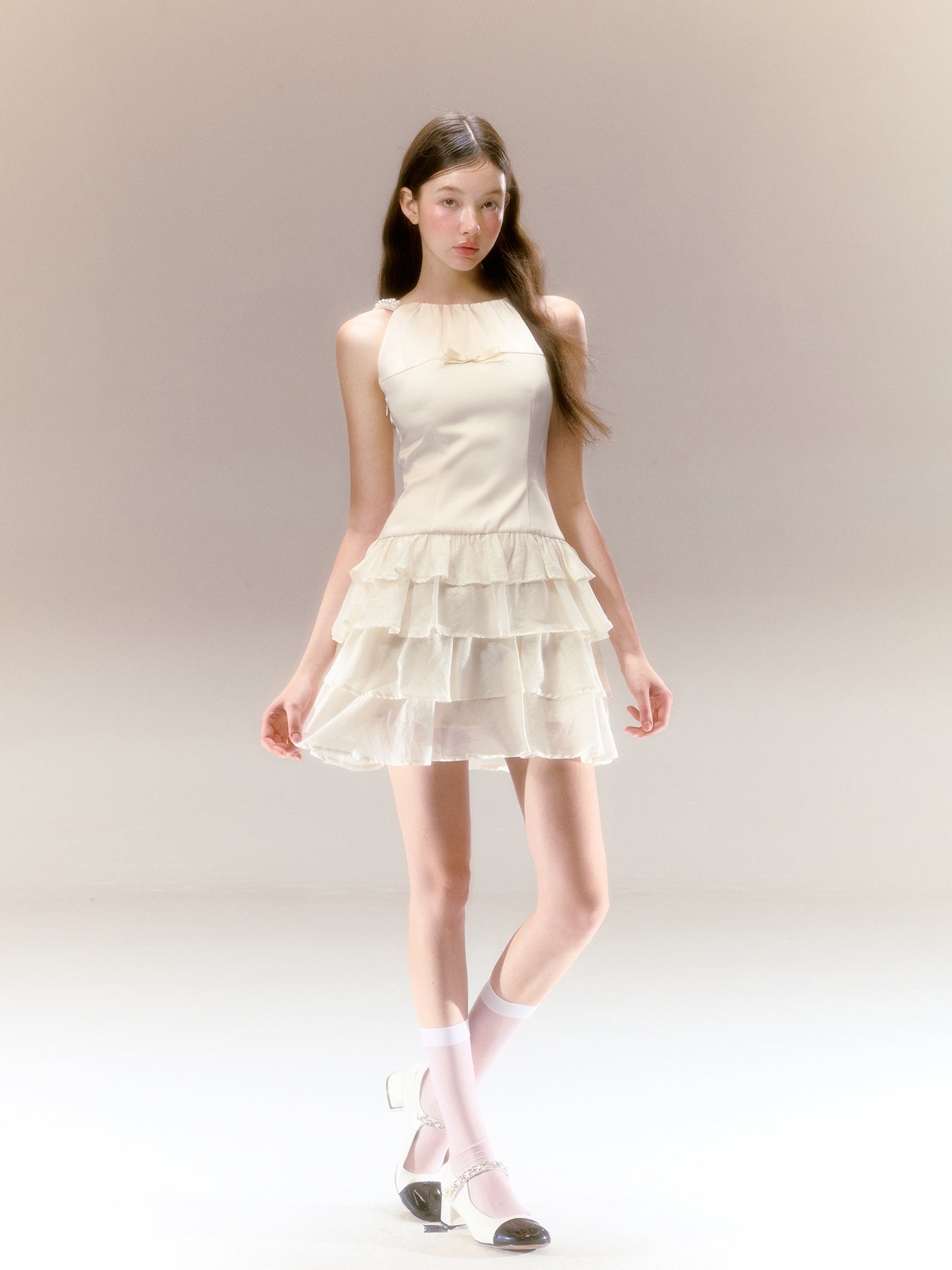Satin Halter Neck Dress Three-Dimensional Pearl Three-Layer Cake Skirt R5207
