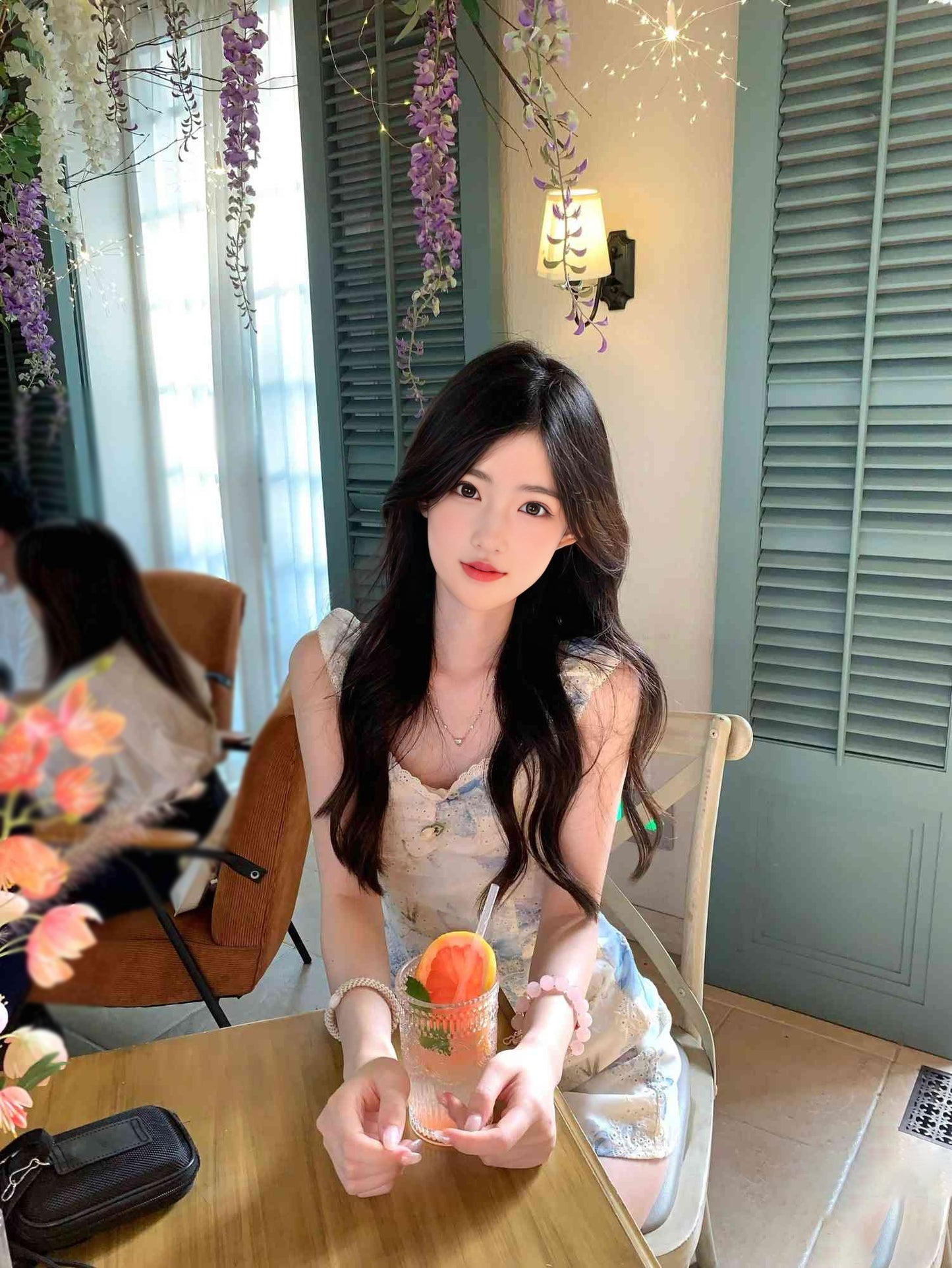 French gentle temperament blue floral suspender dress beautiful skirt R0691