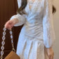 Lace patchwork long-sleeved dress gentle temperament waist A-line long skirt R0690