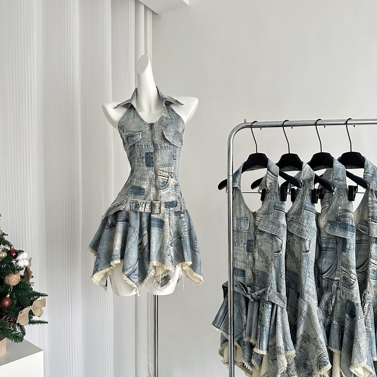 Waist halter neck denim dress distressed retro slim short skirt R2051