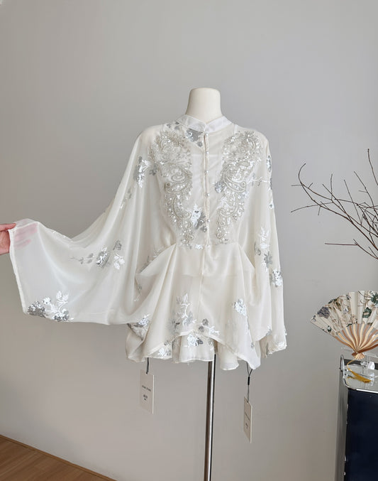 Nanyang noblewoman 2025 new silver sequin embroidered cape top + embroidered skirt set R2012