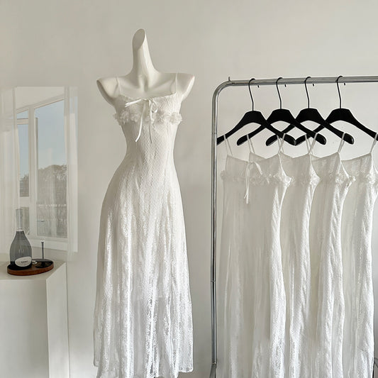 Moonlight Minor Flower Lace Slim Waist Suspender Dress Little White Dress R2013