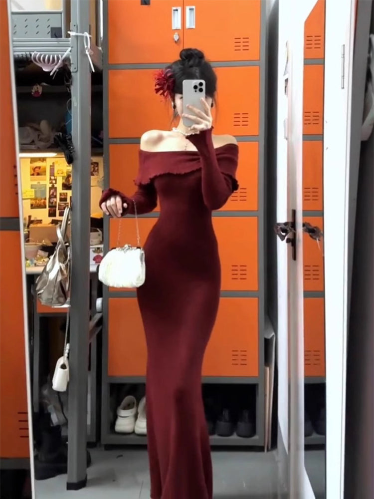 French high-end red one-shoulder knitted dress beautiful slim and elegant long skirt R1789