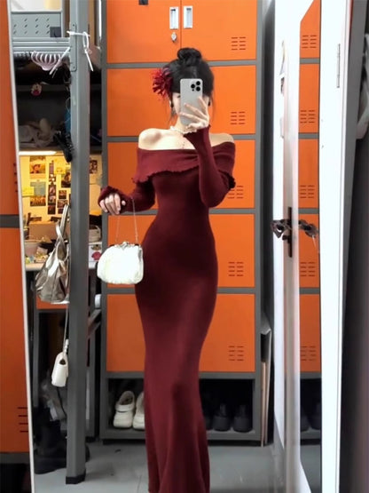 French high-end red one-shoulder knitted dress beautiful slim and elegant long skirt R1789