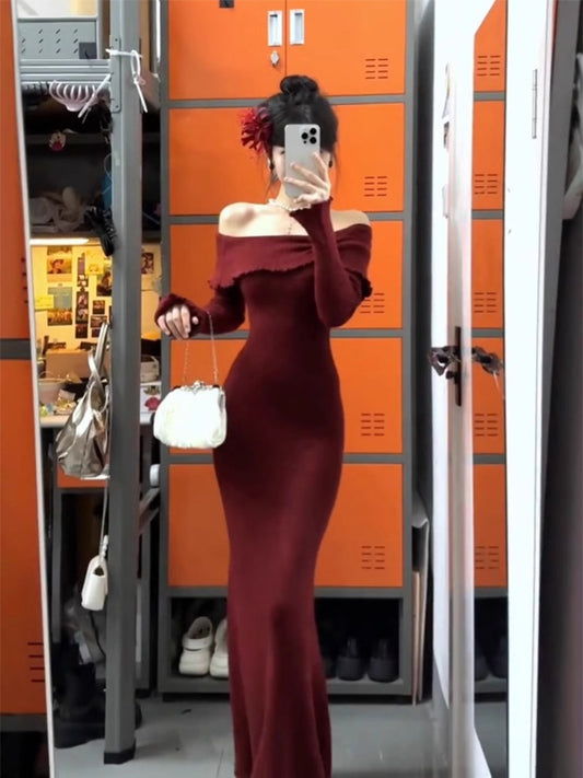 French high-end red one-shoulder knitted dress beautiful slim and elegant long skirt R1789