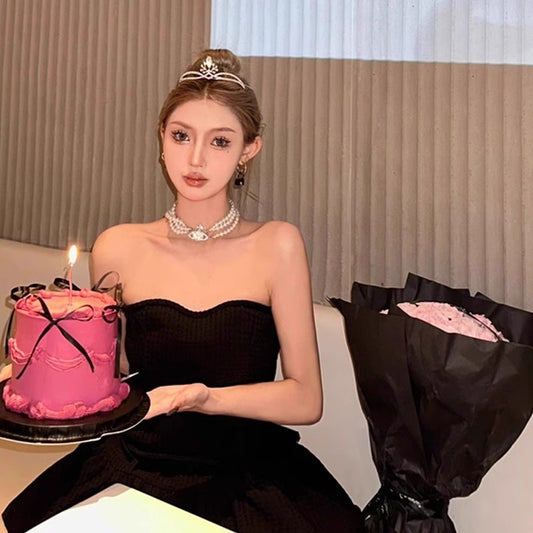 Birthday party dress niche high-end luxury temperament sexy black tube top dress R1790