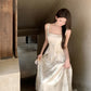 New Chinese style printed satin suspender dress niche waist slim temperament long skirt R1791