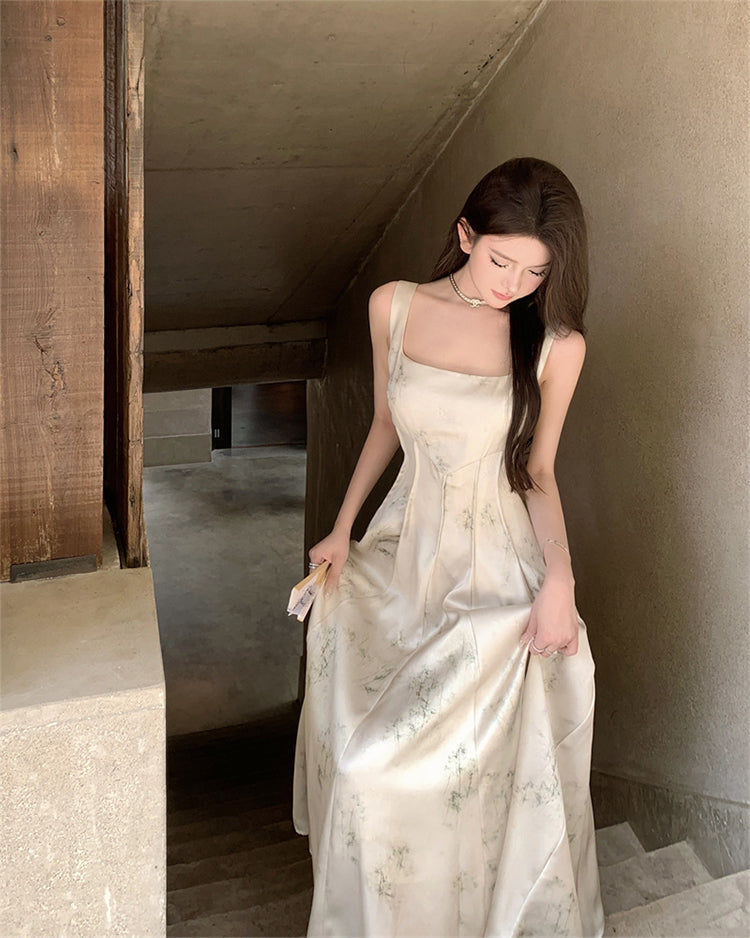 New Chinese style printed satin suspender dress niche waist slim temperament long skirt R1791