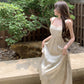 New Chinese style printed satin suspender dress niche waist slim temperament long skirt R1791