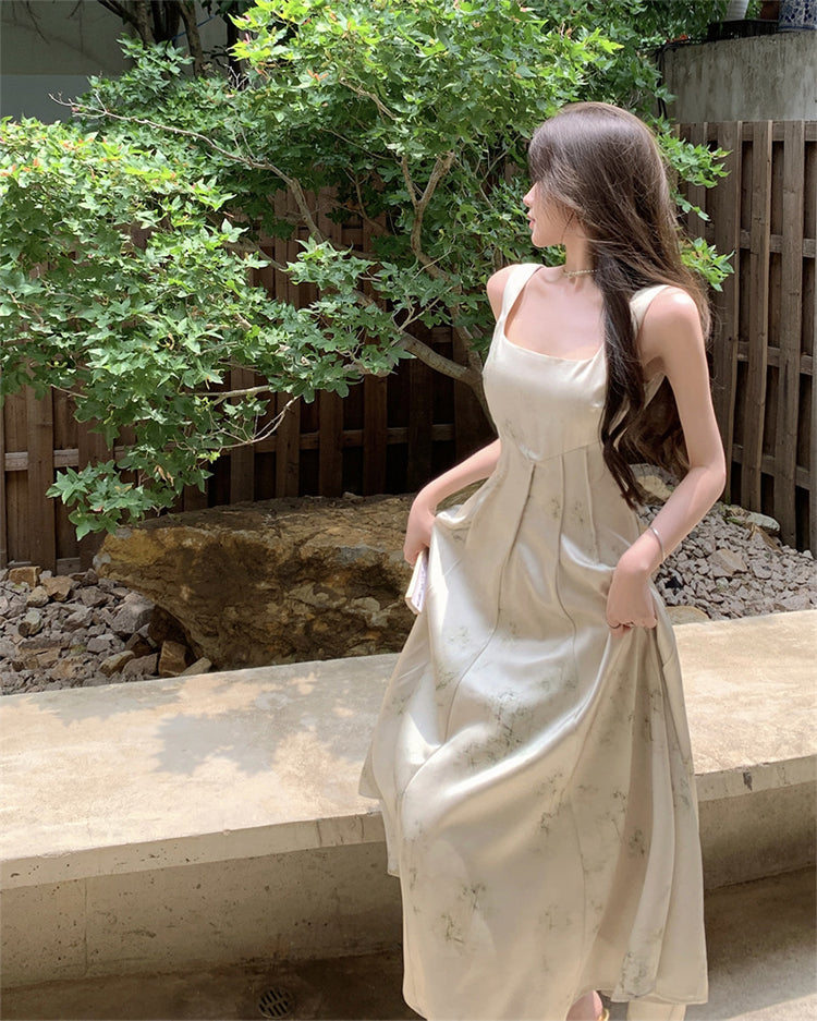 New Chinese style printed satin suspender dress niche waist slim temperament long skirt R1791