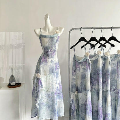 Irregular sling print slim fishtail long skirt R2177