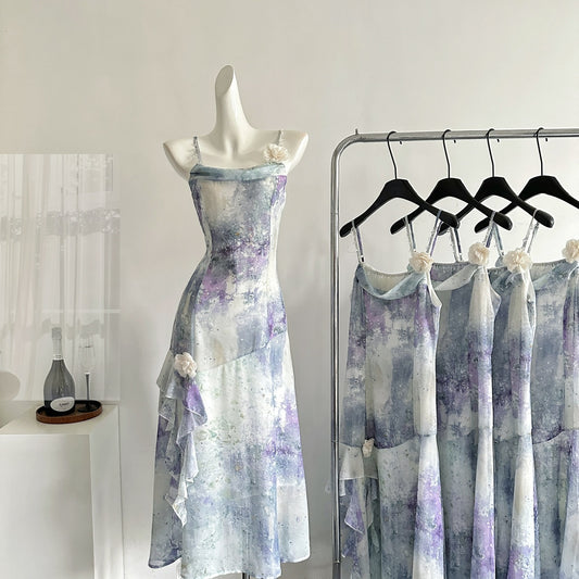 Irregular sling print slim fishtail long skirt R2177