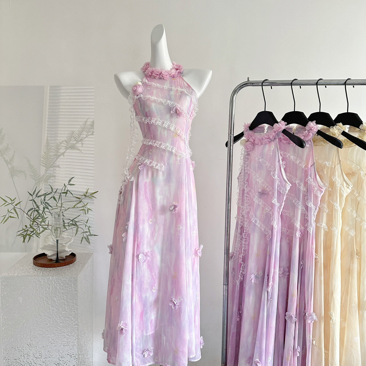 Purple long halter neck dress French retro summer slim fit temperament dress R2175