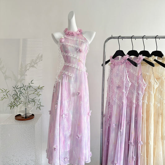 Purple long halter neck dress French retro summer slim fit temperament dress R2175