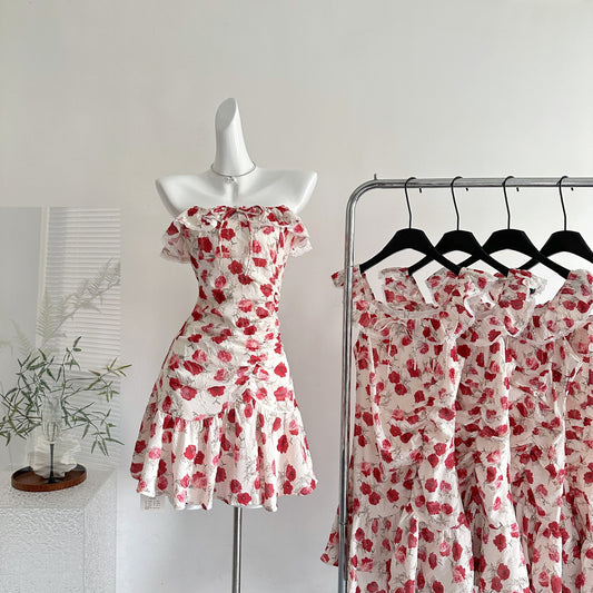 Holiday white retro red floral dress waist summer small flying sleeves dress R2174